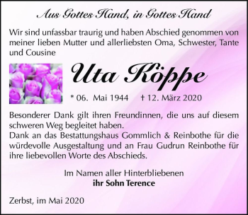 Traueranzeige von Uta Köppe  von Magdeburger Volksstimme