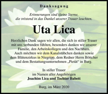 Traueranzeige von Uta Lica  von Magdeburger Volksstimme