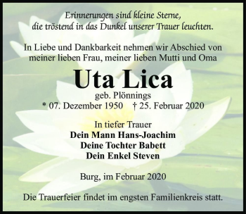 Traueranzeige von Uta Lica (geb. Plönnings)  von Magdeburger Volksstimme