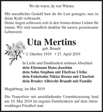 Traueranzeige von Uta Mertins (geb. Brandt)  von Magdeburger Volksstimme