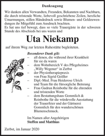 Traueranzeige von Uta Niekamp  von Magdeburger Volksstimme
