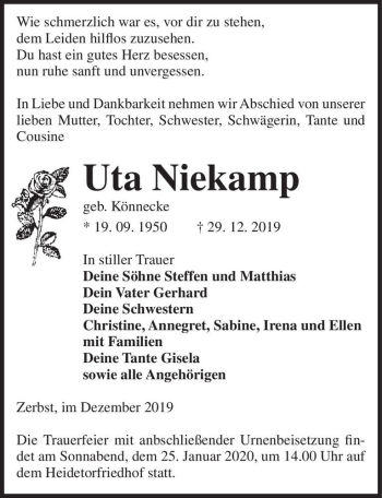 Traueranzeige von Uta Niekamp (geb. Könnecke)  von Magdeburger Volksstimme