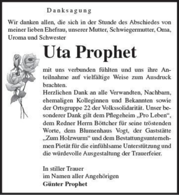 Traueranzeige von Uta Prophet  von Magdeburger Volksstimme