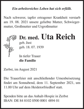 Traueranzeige von Uta Reich (geb. Just)  von Magdeburger Volksstimme
