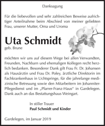 Traueranzeige von Uta Schmidt (geb. Brune)  von Magdeburger Volksstimme