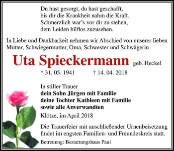 Traueranzeige von Uta Spieckermann (geb. Heckel)  von Magdeburger Volksstimme