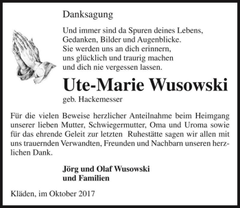Traueranzeige von Ute-Marie Wusowski (geb. Hackemesser)  von Magdeburger Volksstimme