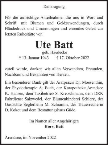 Traueranzeige von Ute Batt (geb. Haedecke)  von Magdeburger Volksstimme