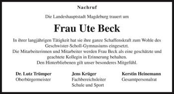 Traueranzeige von Ute Beck  von Magdeburger Volksstimme