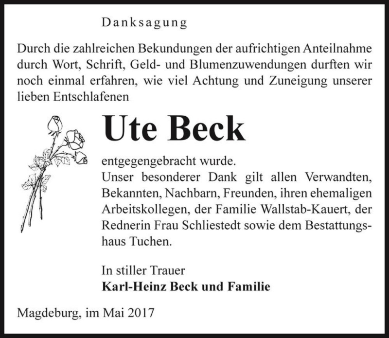  Traueranzeige für Ute Beck  vom 27.05.2017 aus Magdeburger Volksstimme