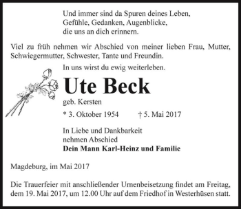 Traueranzeige von Ute Beck (geb. Kersten)  von Magdeburger Volksstimme
