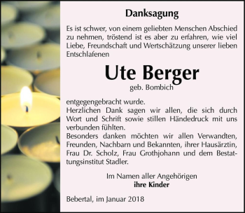 Traueranzeige von Ute Berger (geb. Bombich)  von Magdeburger Volksstimme
