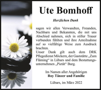 Traueranzeige von Ute Bomhoff  von Magdeburger Volksstimme