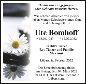 Traueranzeige von Ute Bomhoff  von Magdeburger Volksstimme