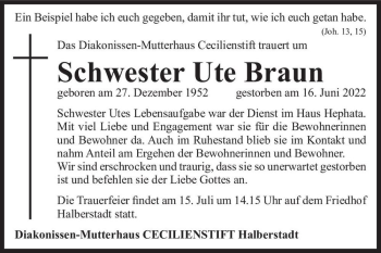 Traueranzeige von Ute Braun  von Magdeburger Volksstimme
