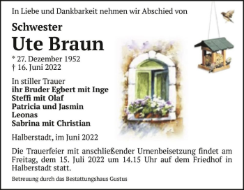 Traueranzeige von Ute Braun  von Magdeburger Volksstimme