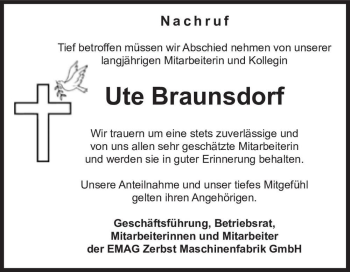 Traueranzeige von Ute Braunsdorf  von Magdeburger Volksstimme
