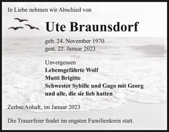 Traueranzeige von Ute Braunsdorf  von Magdeburger Volksstimme