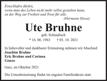 Traueranzeige von Ute Bruhne (geb. Schmalisch)  von Magdeburger Volksstimme