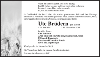 Traueranzeige von Ute Brüdern (geb. Siebert)  von Magdeburger Volksstimme