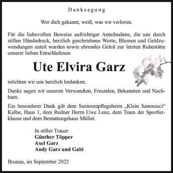 Traueranzeige von Ute Elvira Garz  von Magdeburger Volksstimme