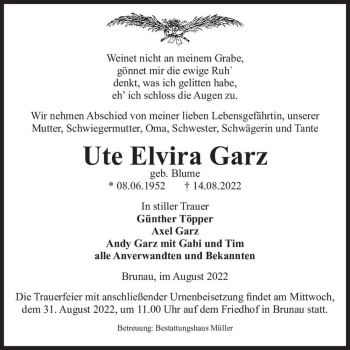 Traueranzeige von Ute Elvira Garz (geb. Blume)  von Magdeburger Volksstimme