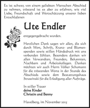 Traueranzeige von Ute Endler  von Magdeburger Volksstimme