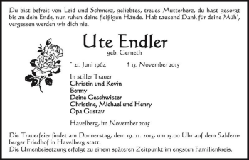Traueranzeige von Ute Endler (geb. Gerneth)  von Magdeburger Volksstimme