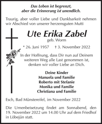 Traueranzeige von Ute Erika Zabel (geb. Worm)  von Magdeburger Volksstimme