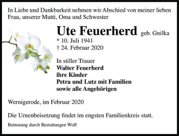 Traueranzeige von Ute Feuerherd (geb. Gnilka)  von Magdeburger Volksstimme