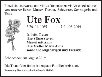 Traueranzeige von Ute Fox  von Magdeburger Volksstimme