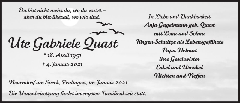  Traueranzeige für Ute Gabriele Quast  vom 09.01.2021 aus Magdeburger Volksstimme