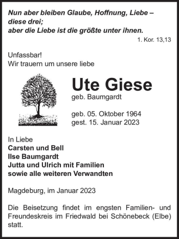Traueranzeige von Ute Giese (geb. Baumgardt)  von Magdeburger Volksstimme