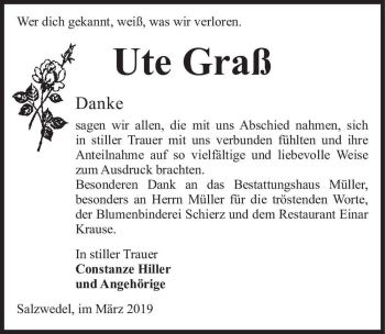 Traueranzeige von Ute Graß  von Magdeburger Volksstimme