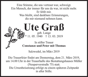 Traueranzeige von Ute Graß (geb. Lange)  von Magdeburger Volksstimme