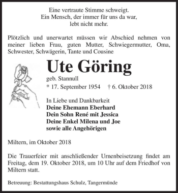 Traueranzeige von Ute Göering (geb. Stannull)  von Magdeburger Volksstimme