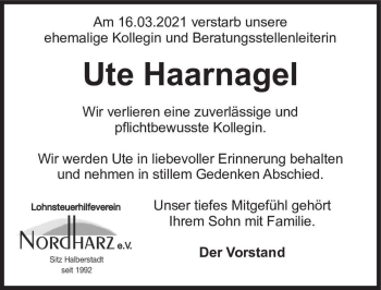 Traueranzeige von Ute Haarnagel  von Magdeburger Volksstimme