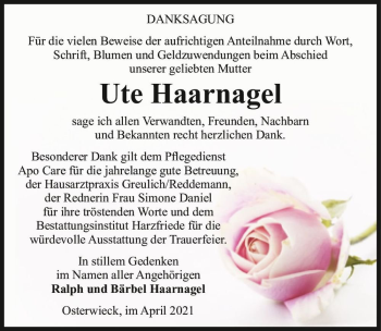 Traueranzeige von Ute Haarnagel  von Magdeburger Volksstimme
