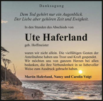 Traueranzeige von Ute Haferland (geb. Hoffmeister)  von Magdeburger Volksstimme