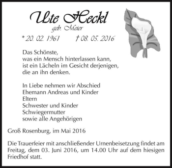 Traueranzeige von Ute Heckl (geb. Meier)  von Magdeburger Volksstimme