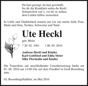 Traueranzeige von Ute Heckl (geb. Meier)  von Magdeburger Volksstimme