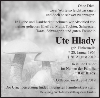 Traueranzeige von Ute Hlady (geb. Pinkernelle)  von Magdeburger Volksstimme