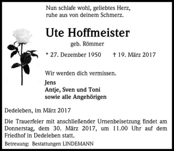 Traueranzeige von Ute Hoffmeister (geb. Römmer)  von Magdeburger Volksstimme