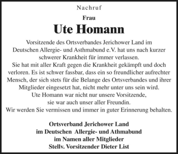 Traueranzeige von Ute Homann  von Magdeburger Volksstimme