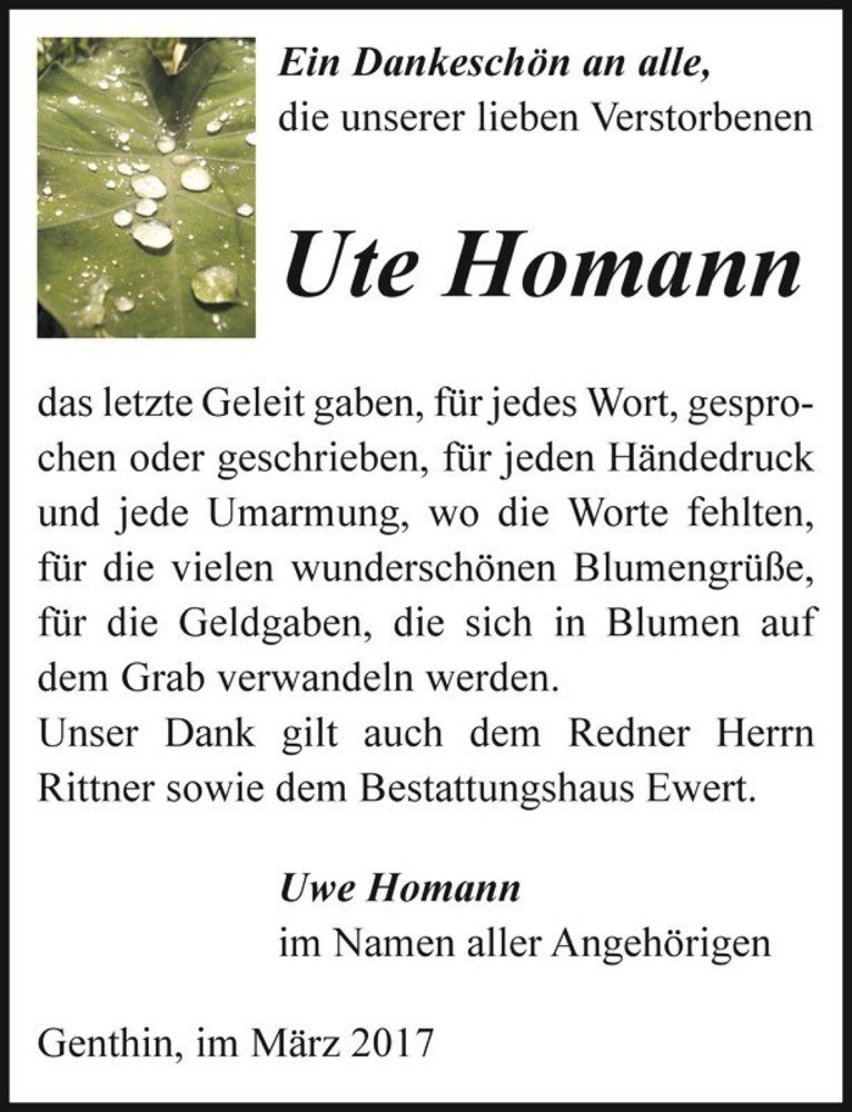  Traueranzeige für Ute Homann  vom 25.03.2017 aus Magdeburger Volksstimme