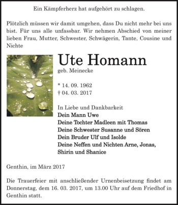 Traueranzeige von Ute Homann (geb. Meinecke)  von Magdeburger Volksstimme