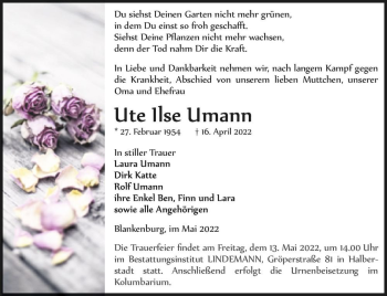 Traueranzeige von Ute Ilse Umann  von Magdeburger Volksstimme