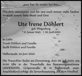 Traueranzeige von Ute Irene Döhlert ( geb. Klingenberg)  von Magdeburger Volksstimme
