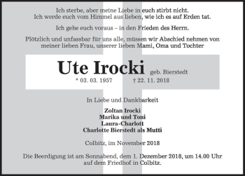 Traueranzeige von Ute Irocki (geb. Bierstedt)  von Magdeburger Volksstimme