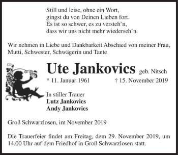 Traueranzeige von Ute Jankovics (geb. Nitsch)  von Magdeburger Volksstimme